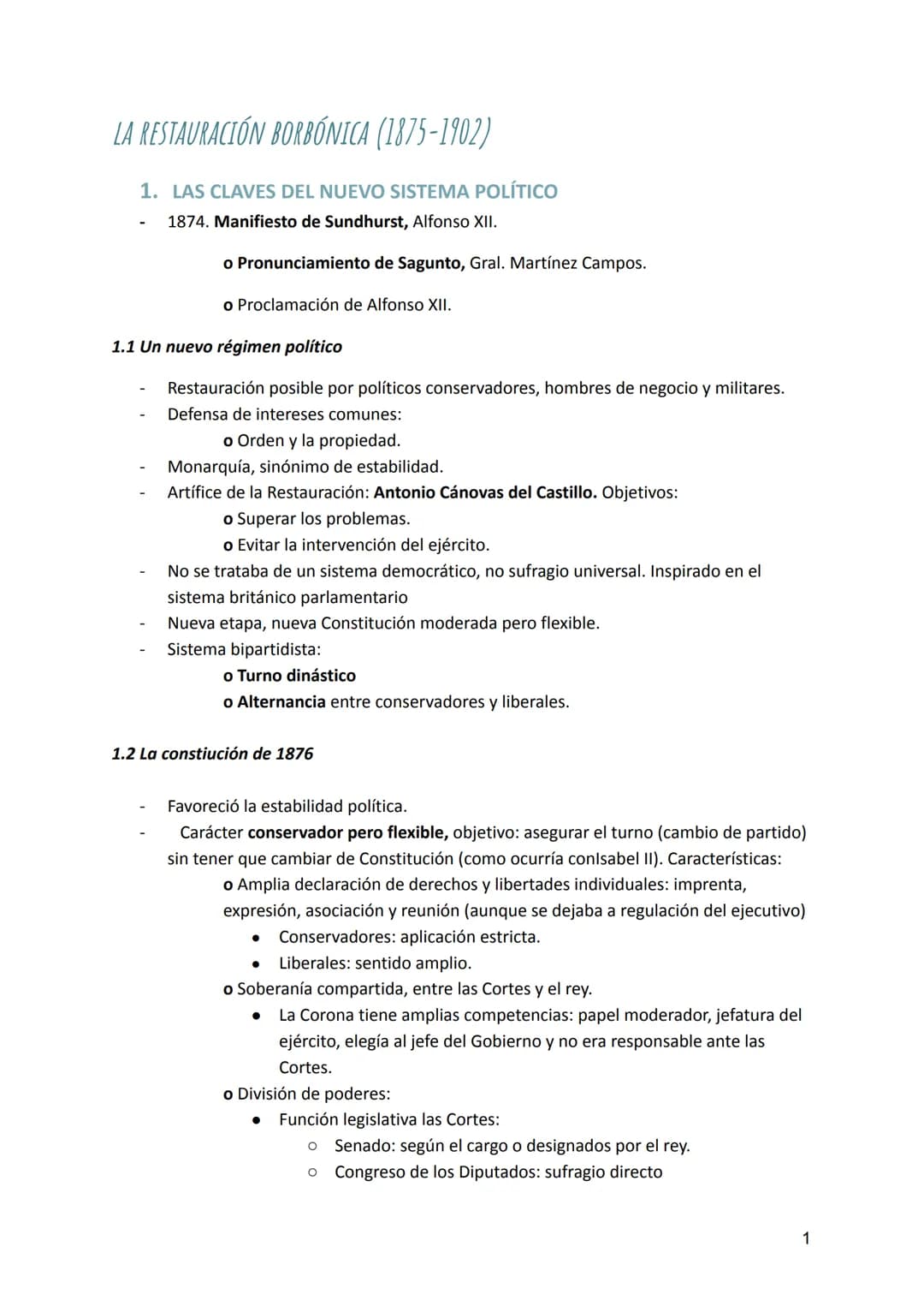 LA RESTAURACIÓN BORBONICA (1875-1902)
1. LAS CLAVES DEL NUEVO SISTEMA POLÍTICO
1874. Manifiesto de Sundhurst, Alfonso XII.
-
o Pronunciamien