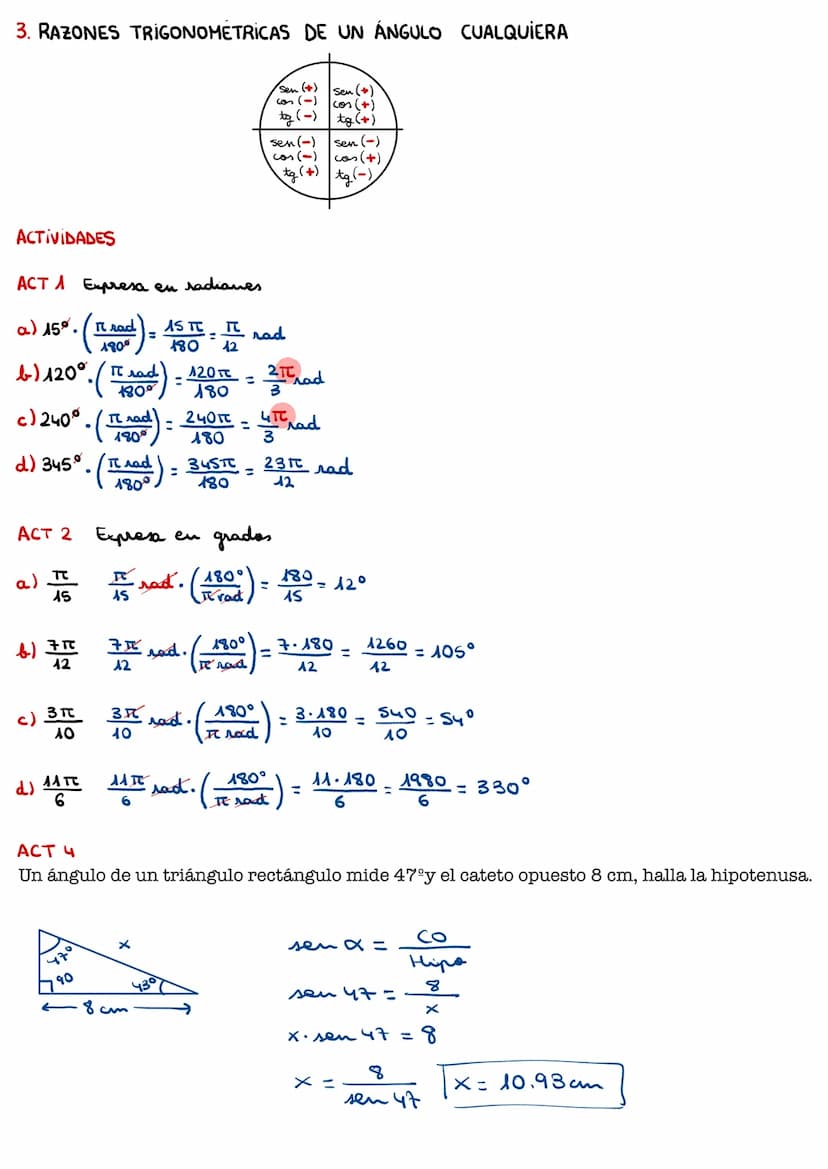 ACT ^^
El cos de un ángulo del primer cuadrante es 3/4, calcula el seno del ángulo.
- ³/4
sen (+)
cas (+)
+g (+)
tg = 122
Sen x = d?
Isen +

