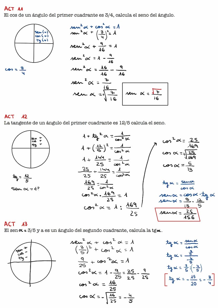ACT ^^
El cos de un ángulo del primer cuadrante es 3/4, calcula el seno del ángulo.
- ³/4
sen (+)
cas (+)
+g (+)
tg = 122
Sen x = d?
Isen +
