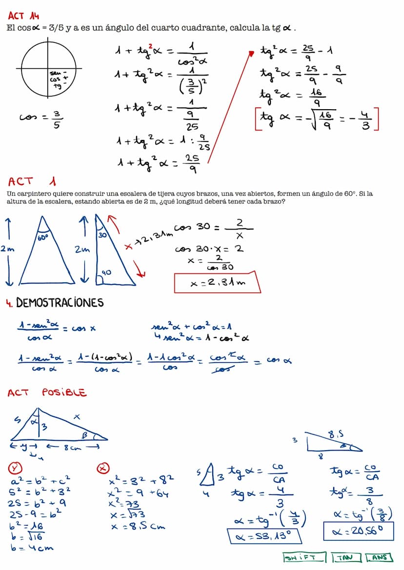 ACT ^^
El cos de un ángulo del primer cuadrante es 3/4, calcula el seno del ángulo.
- ³/4
sen (+)
cas (+)
+g (+)
tg = 122
Sen x = d?
Isen +
