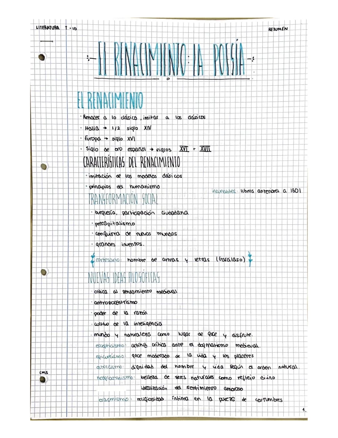 LITERATURA T-10
CMS
HITRINACIN
EL RENACIMIENTO
•Renacer a lo clásico imitar a Los dásicos
Halia 1/2 siglo XIV
Europa
→ siglo XVI
Siglo de or