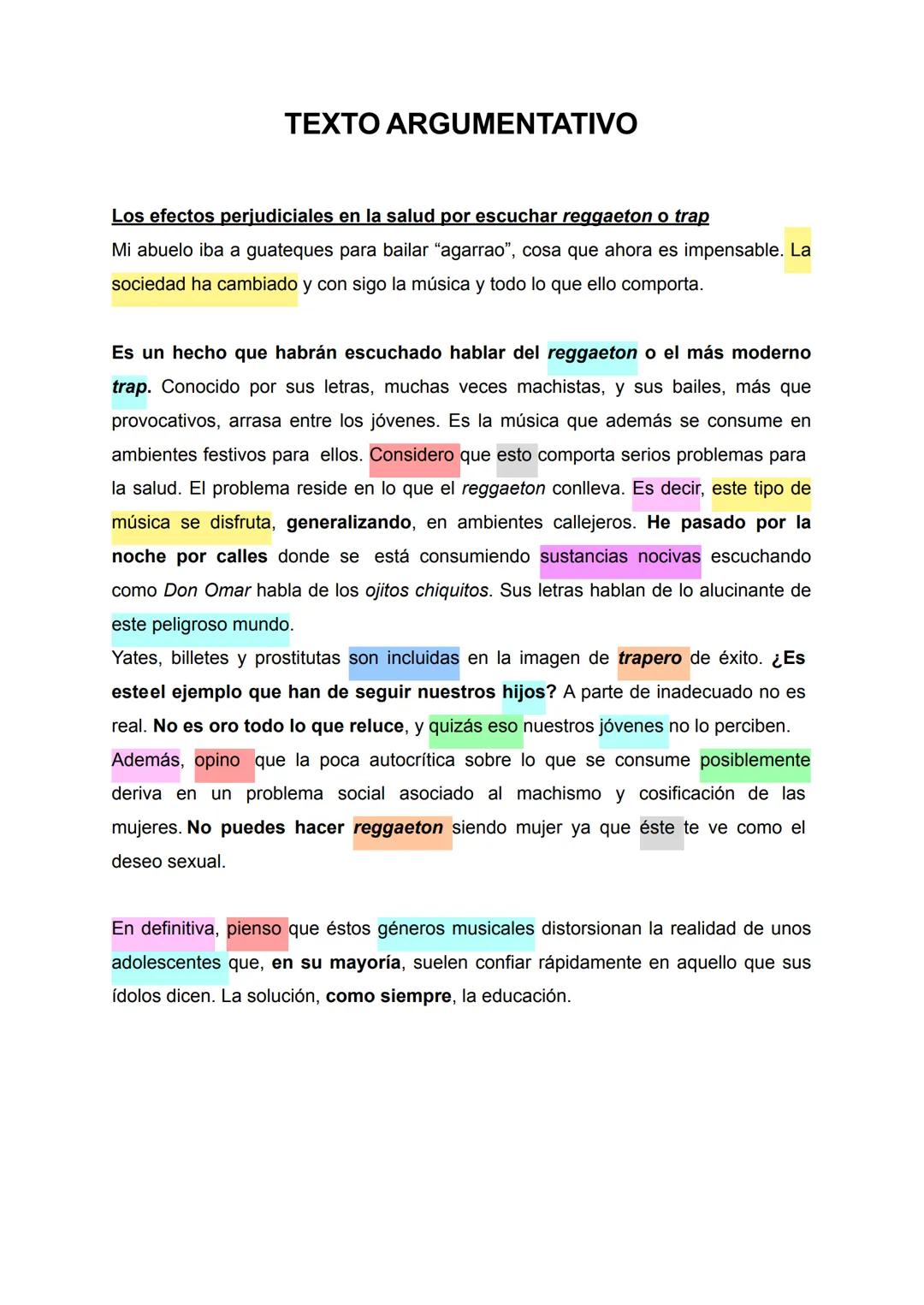 # TEXTO ARGUMENTATIVO

Los efectos perjudiciales en la salud por escuchar reggaeton o trap

Mi abuelo iba a guateques para bailar "agarrao",