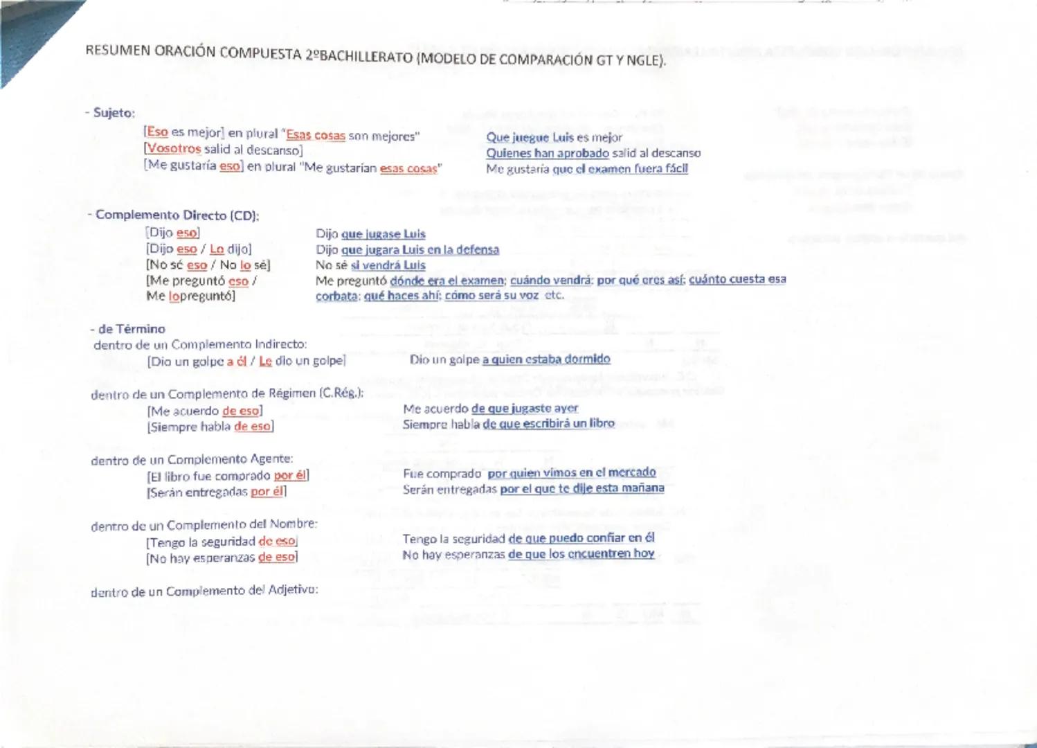 RESUMEN ORACIÓN COMPUESTA 2 BACHILLERATO (MODELO DE COMPARACIÓN GT Y NGLE).
Una oración es compuesta (o compleja) cuando tiene más de dos ve