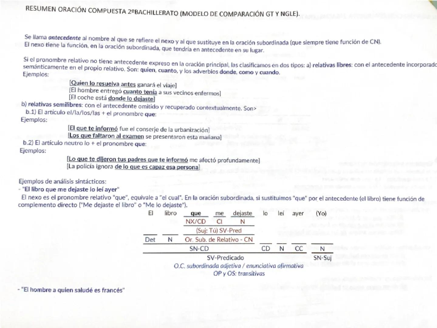 RESUMEN ORACIÓN COMPUESTA 2 BACHILLERATO (MODELO DE COMPARACIÓN GT Y NGLE).
Una oración es compuesta (o compleja) cuando tiene más de dos ve