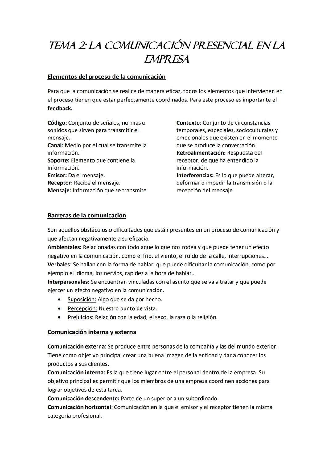 TEMA 2: LA COMUNICACIÓN PRESENCIAL EN LA
EMPRESA
Elementos del proceso de la comunicación
Para que la comunicación se realice de manera efic