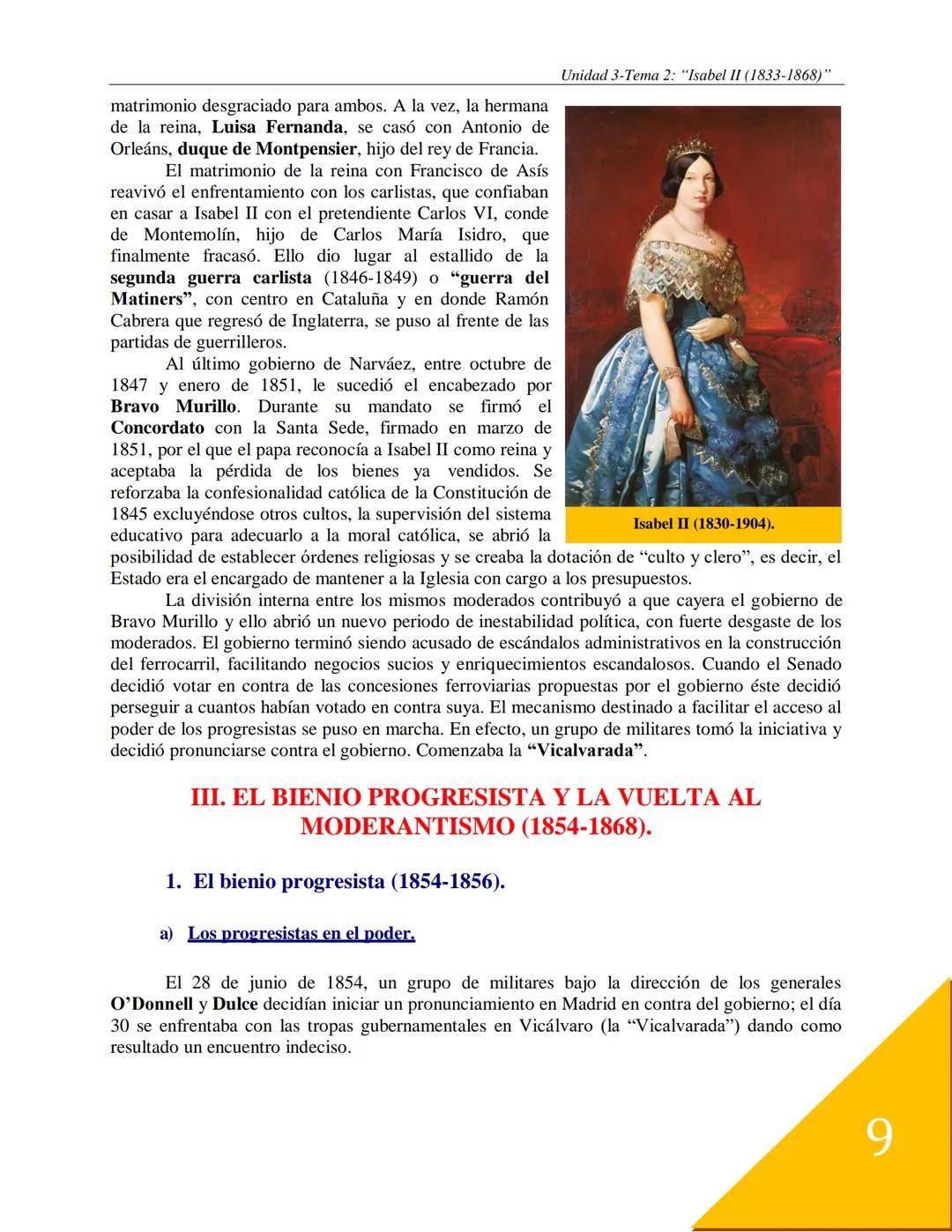 Unidad 3: Entre lo Antiguo y lo Nuevo:
1808-1860.

Tema 2: Isabel II, "la de los Tristes destinos"
(1833-1868).

Durante el reinado de Isabe