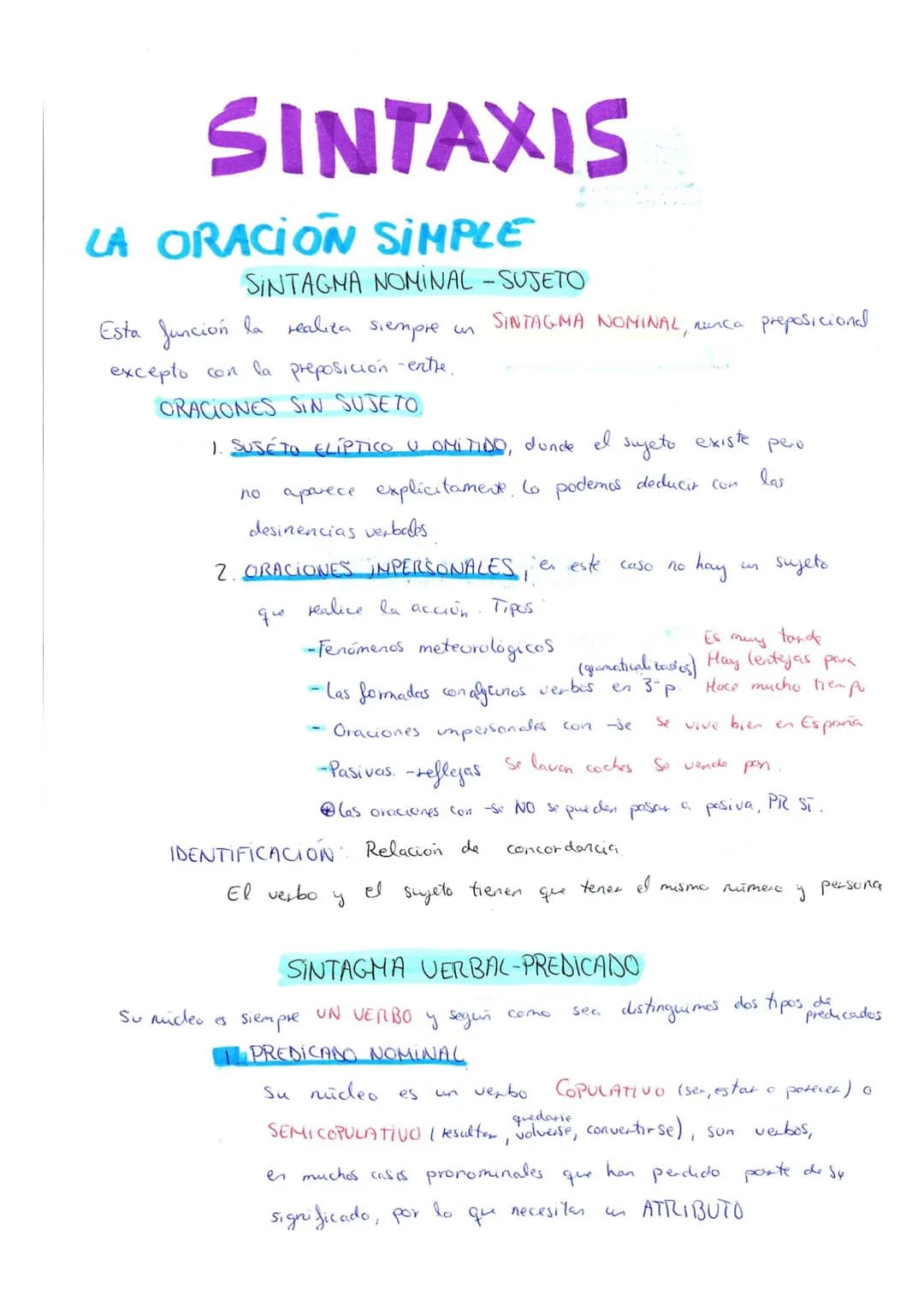 SINTAXIS
LA ORACION SIMPLE
SINTAGMA NOMINAL - SUJETO
Esta función la realiza siempre in
excepto con la preposición -entre,
ORACIONES SIN SUJ