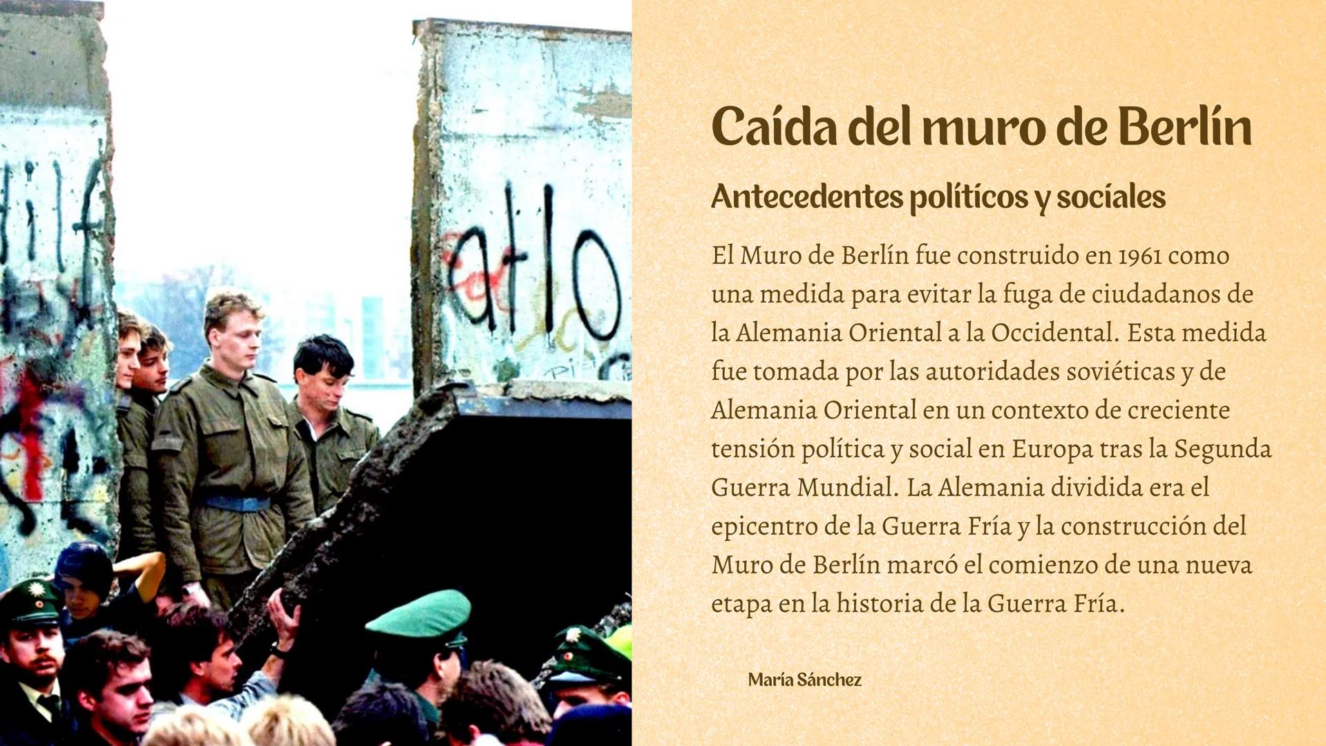 Bild
atlo
Caída del muro de Berlín
Antecedentes políticos y sociales
El Muro de Berlín fue construido en 1961 como
una medida para evitar la