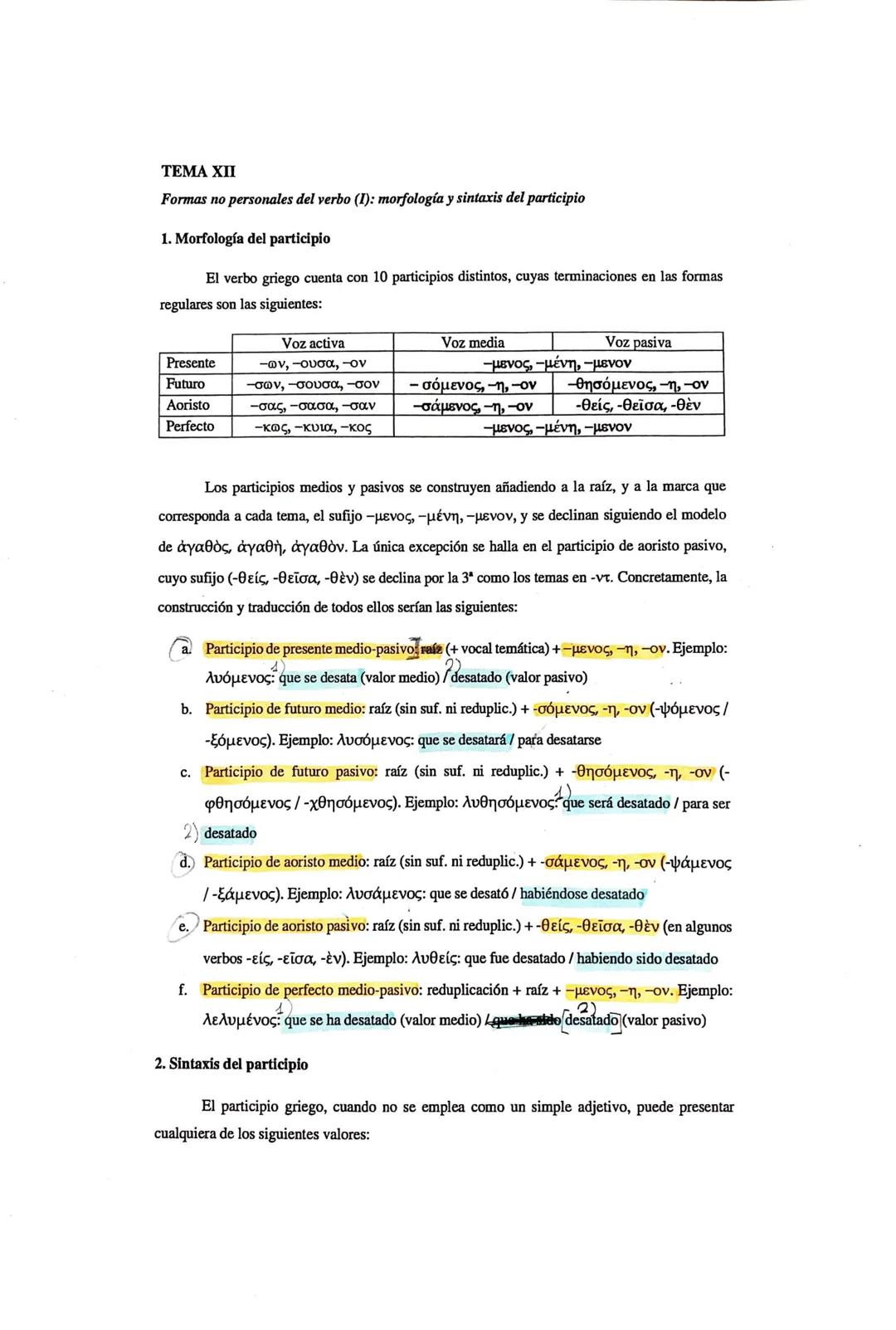 TEMA XII
Formas no personales del verbo (I): morfología y sintaxis del participio
1. Morfología del participio
El verbo griego cuenta con 10