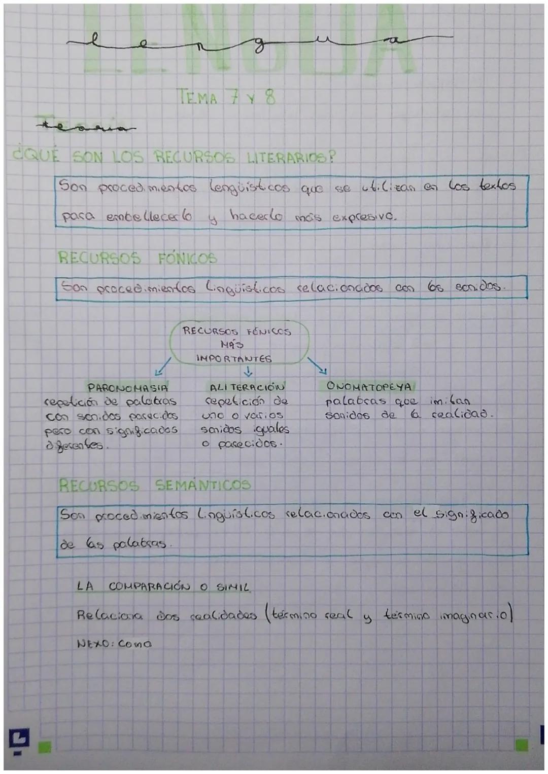 e
e
TEMA 7 Y 8
teoria
¿QUÉ SON LOS RECURSOS LITERARIOS?
g
Son procedimientos lenguisticos que se utilizan en los textos
para embellecer lo
h