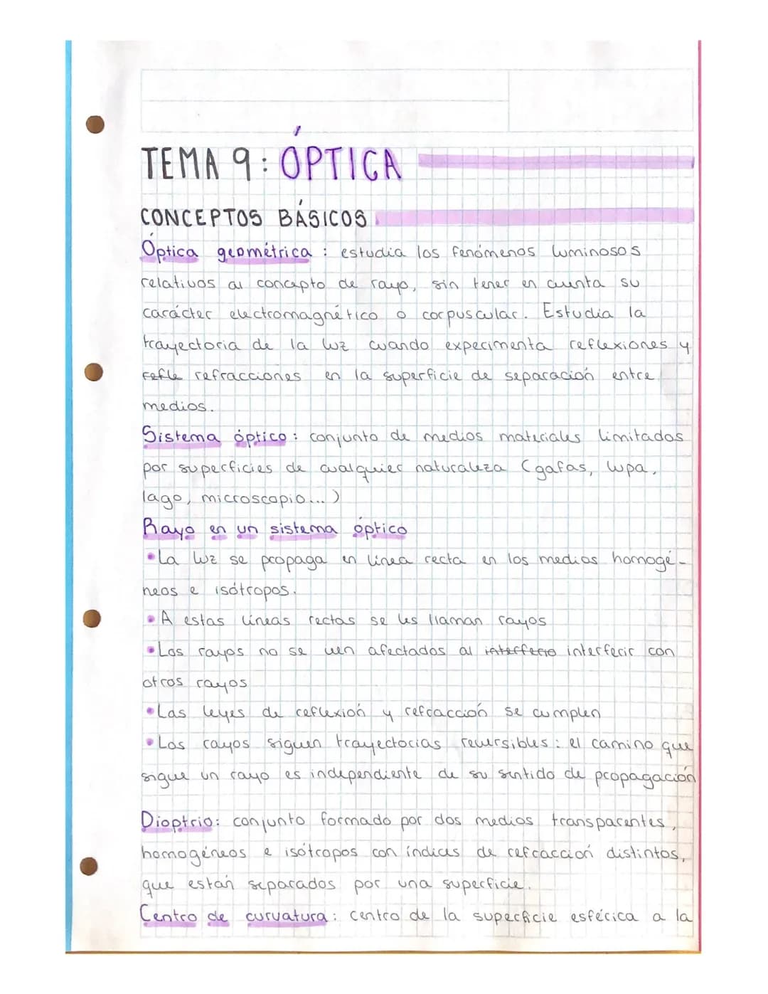 TEMA 9: OPTICA
CONCEPTOS BÁSICOS
Optica geométrica: estudia los fenómenos luminosos
relativos al concepto de rayo, sin tener en cuenta su
ca