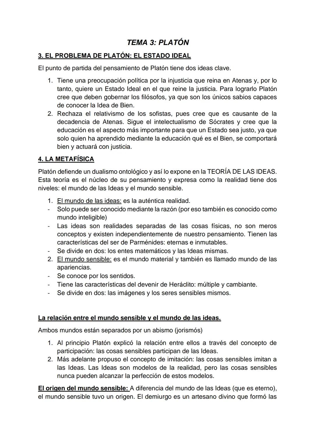 TEMA 3: PLATÓN
3. EL PROBLEMA DE PLATÓN: EL ESTADO IDEAL
El punto de partida del pensamiento de Platón tiene dos ideas clave.
1. Tiene una p