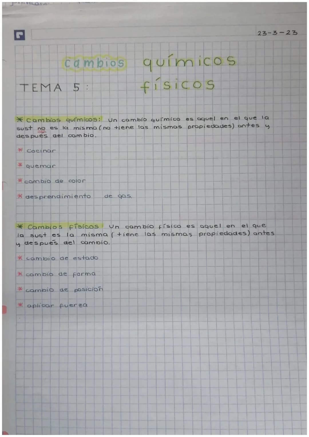 TEMA
*Cocinar
*
cambios
cambios químicos: Un cambio químico es aquel en el que la
sust no es la misma (no tiene las mismas propiedades) ante
