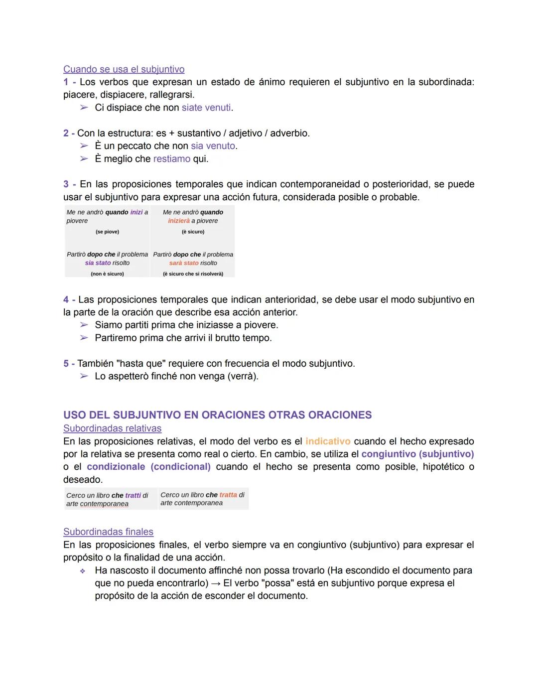 ITALIANO II
CONGIUNTIVO - EL SUBJUNTIVO
Se utiliza en las frases subordinadas.
I tempi del congiuntivo sono quattro: presente, imperfetto, p