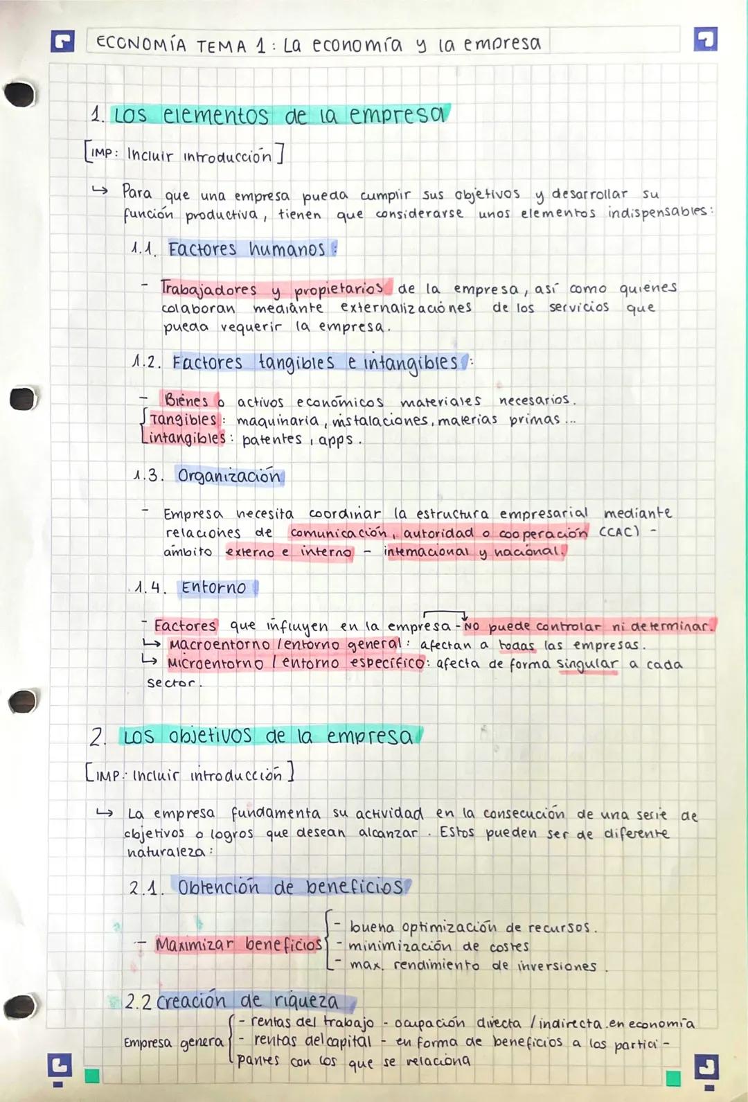 ECONOMIA TEMA 1: La economía y la empresa
1. Los elementos de la empresa
[IMP: Incluir introducción]
Para que una empresa pueda cumplir sus 