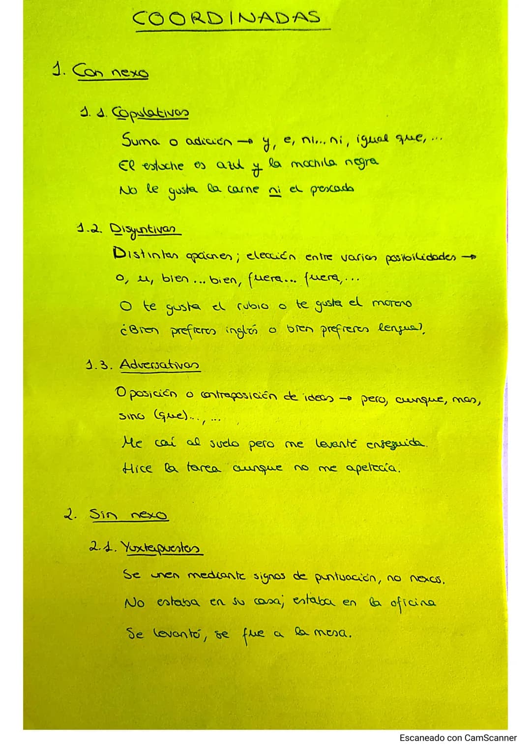 COORDINADAS
1. Con nexo
1. J. Copulativas
Suma o adición y, e, ni... ni, igual que,
El estuche es azul
la mochila negra
चै
No le gusta la ca
