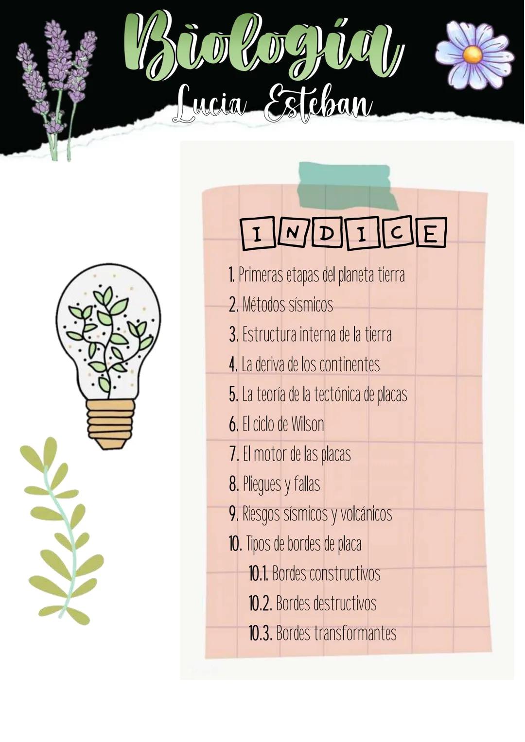 # Biologia
Lucia Esteban

INDICE

1. Primeras etapas del planeta tierra
2. Métodos sísmicos
3. Estructura interna de la tierra
4. La deriva 