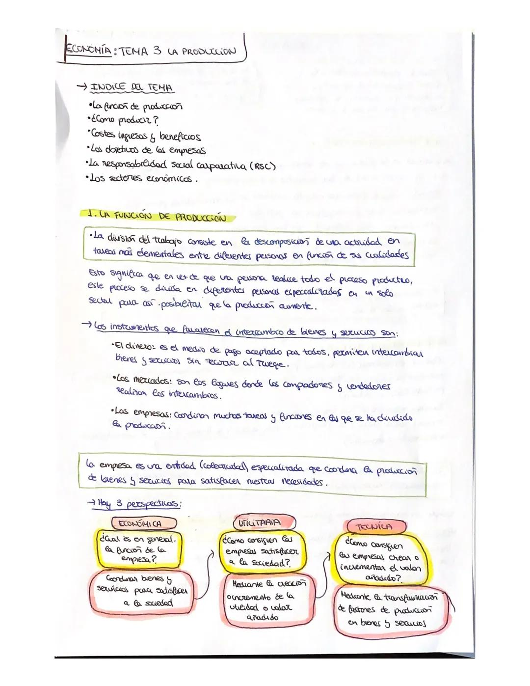 ECONOMÍA TEMA 3 LA PRODUCCION
INDICE DEL TEMA
•La función de producción
•¿Como producir ?
•Costes ingresos & beneficios
•Los dojetivos de la