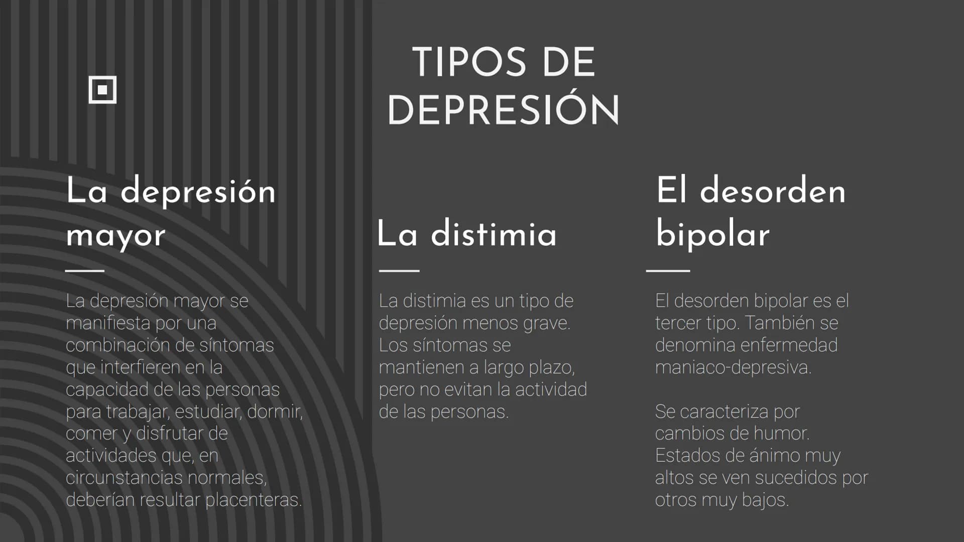LA
DEPRESIÓN
Abraham Cruz
Gonzalo Luca d
6
ÍNDICE
¿Qué es la depresión?
Síntomas
Tipos de depresión
Tratamiento
Prevención
Otros datos relev