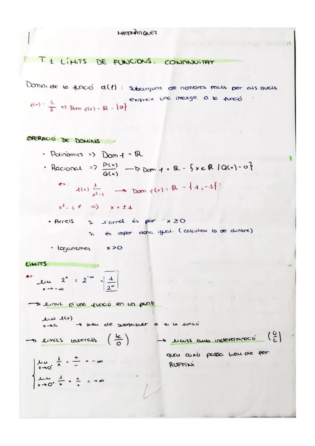 MATEMÀTIQUES

T. 1 LÍMITS DE FUNCIONS. CONTINUITAT

Domini de la funció $d(f)$: subconjunt de nombres reals per als auals
$f(x): \frac{1}{x}