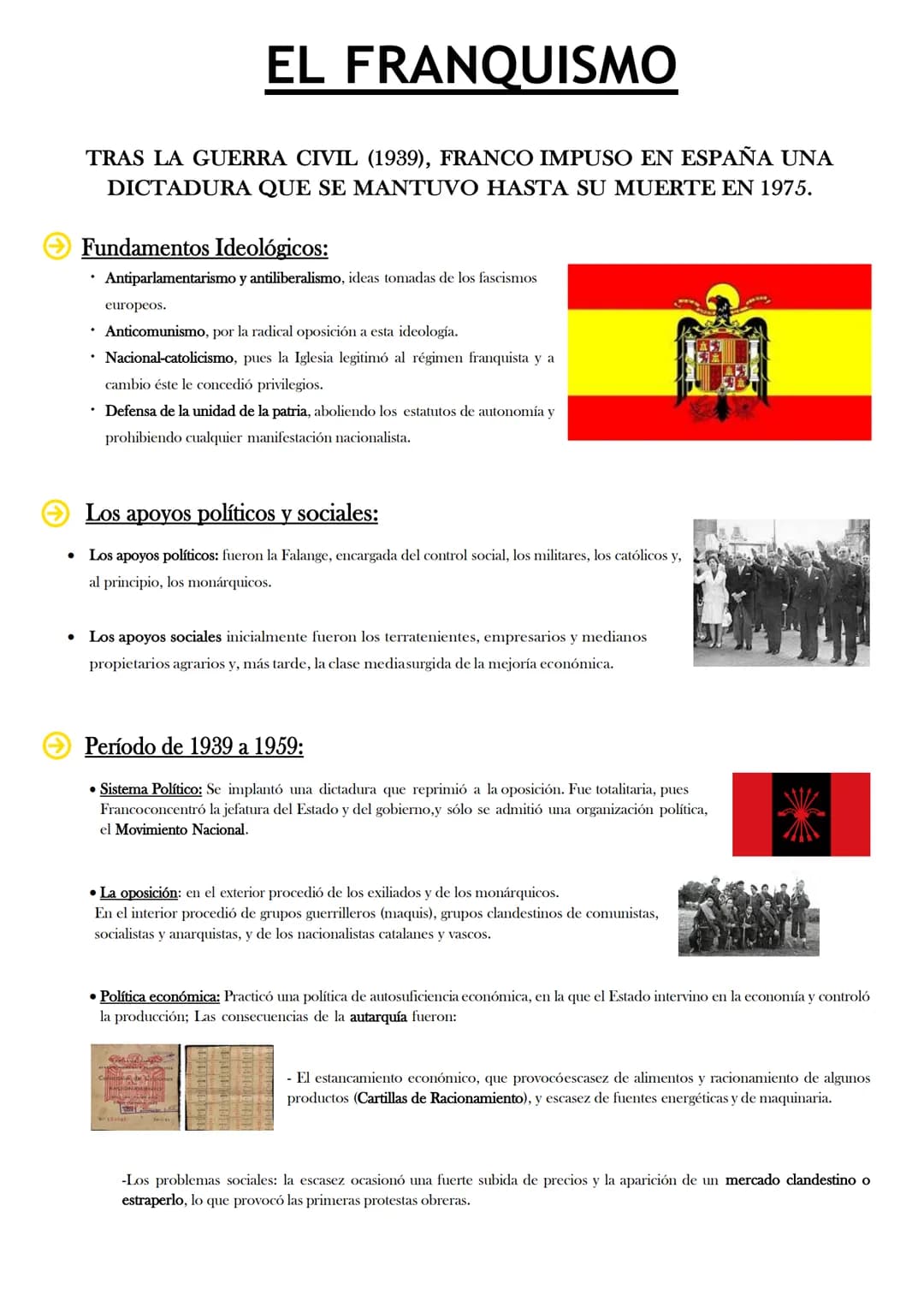 ●
EL FRANQUISMO
TRAS LA GUERRA CIVIL (1939), FRANCO IMPUSO EN ESPAÑA UNA
DICTADURA QUE SE MANTUVO HASTA SU MUERTE EN 1975.
Fundamentos Ideol