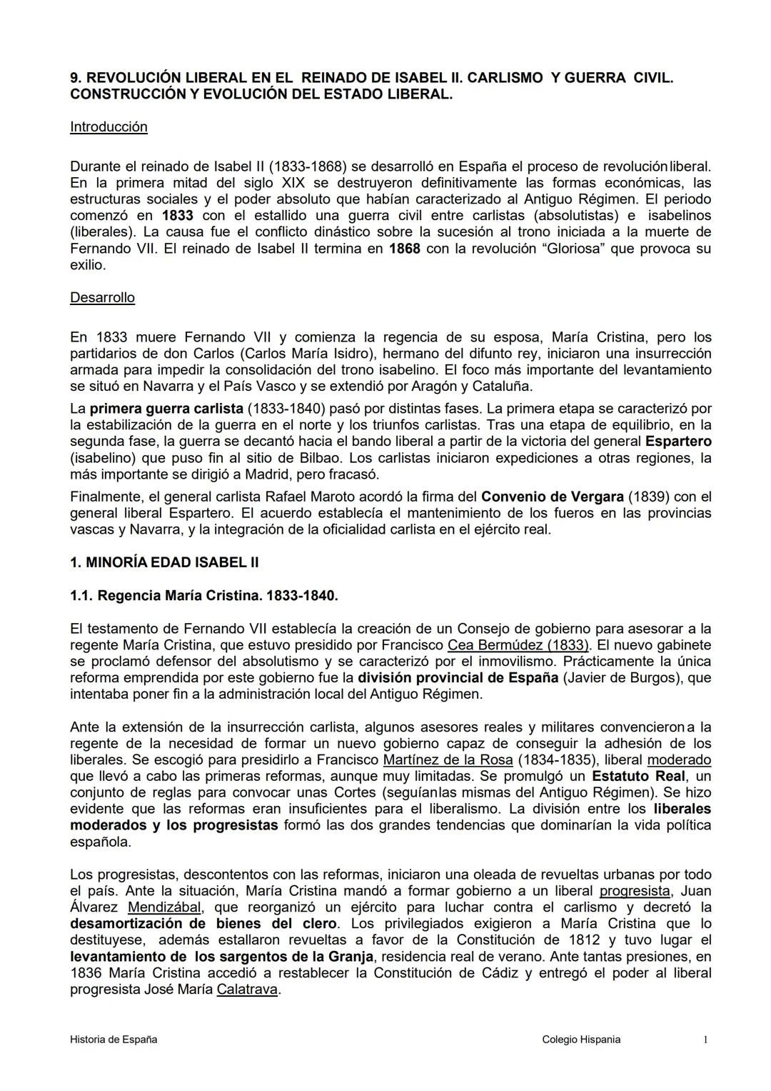 9. REVOLUCIÓN LIBERAL EN EL REINADO DE ISABEL II. CARLISMO Y GUERRA CIVIL.
CONSTRUCCIÓN Y EVOLUCIÓN DEL ESTADO LIBERAL.
Introducción
Durante