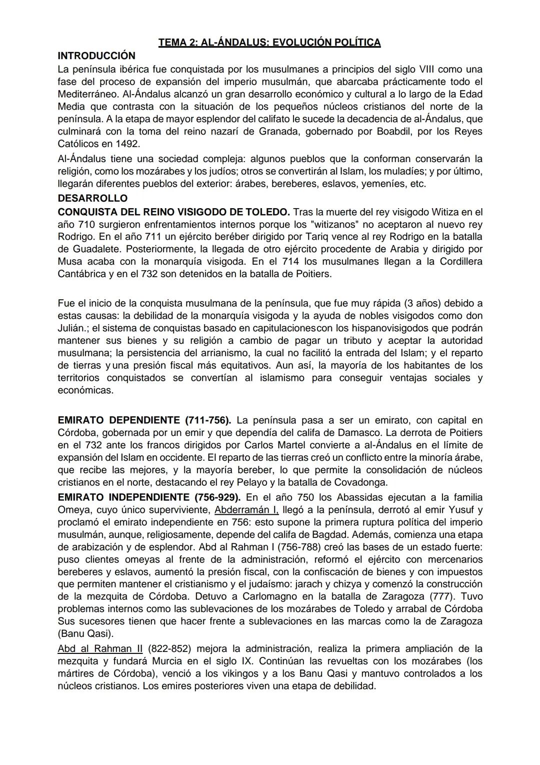 TEMA 2: AL-ÁNDALUS: EVOLUCIÓN POLÍTICA
INTRODUCCIÓN
La península ibérica fue conquistada por los musulmanes a principios del siglo VIII como