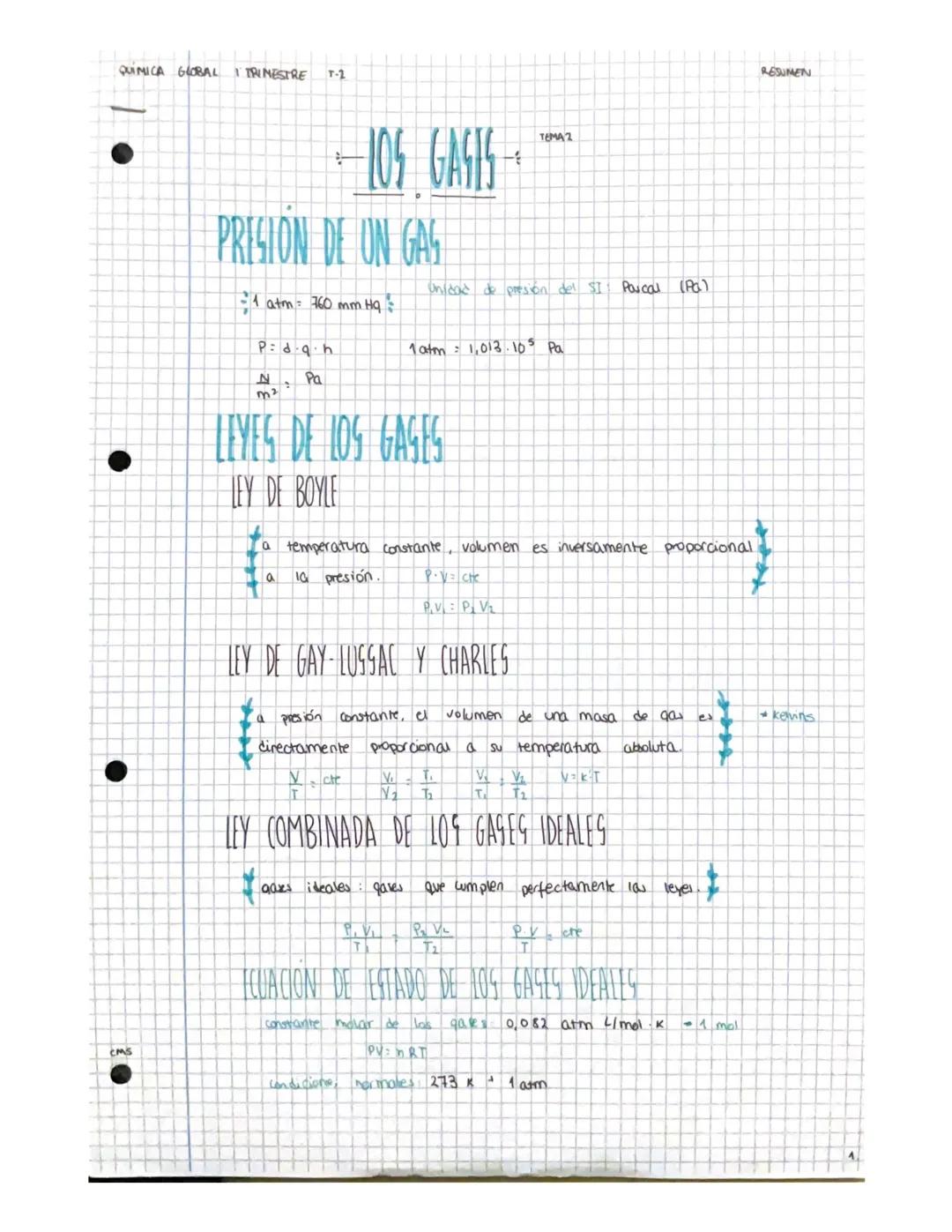 QUIMICA GLOBAL 1 TRIMESTRE
CMS
T-2
PRESION DE UN GAS
—105_GASIS
~ 1 atm = 760 mm Hq
P= d.q.h
Pa
N
m²
$
H
Unidad de presión del SI: Pascal (P