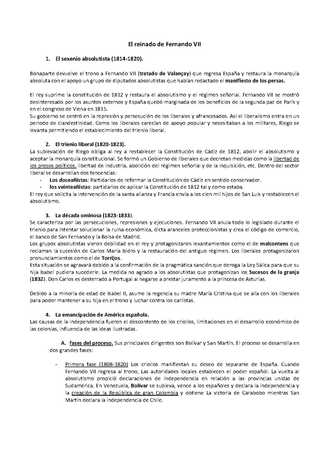 El reinado de Fernando VII