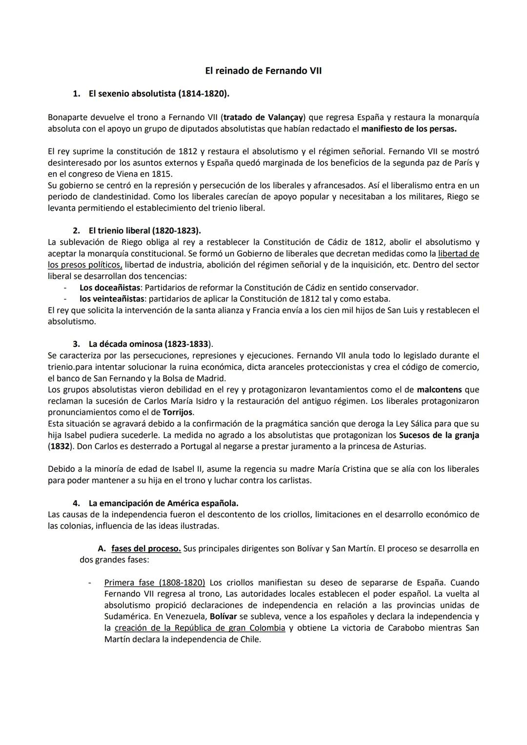El reinado de Fernando VII
1. El sexenio absolutista (1814-1820).
Bonaparte devuelve el trono a Fernando VII (tratado de Valançay) que regre