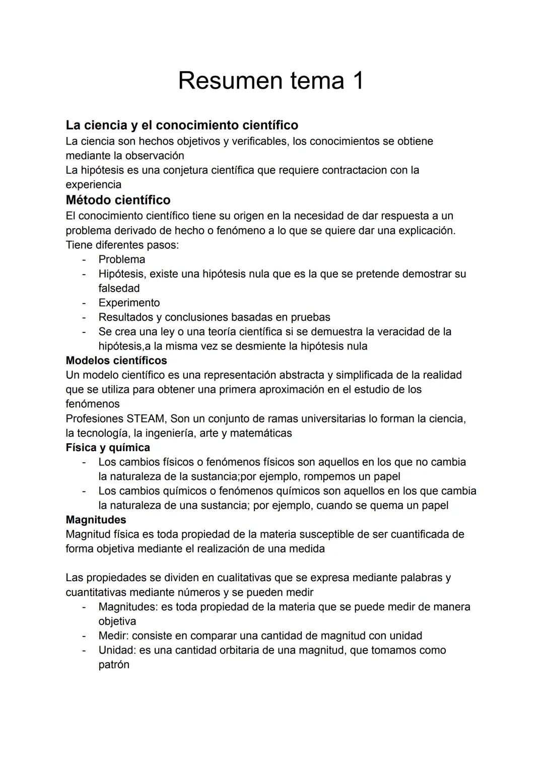 Resumen tema 1
La ciencia y el conocimiento científico
La ciencia son hechos objetivos y verificables, los conocimientos se obtiene
mediante