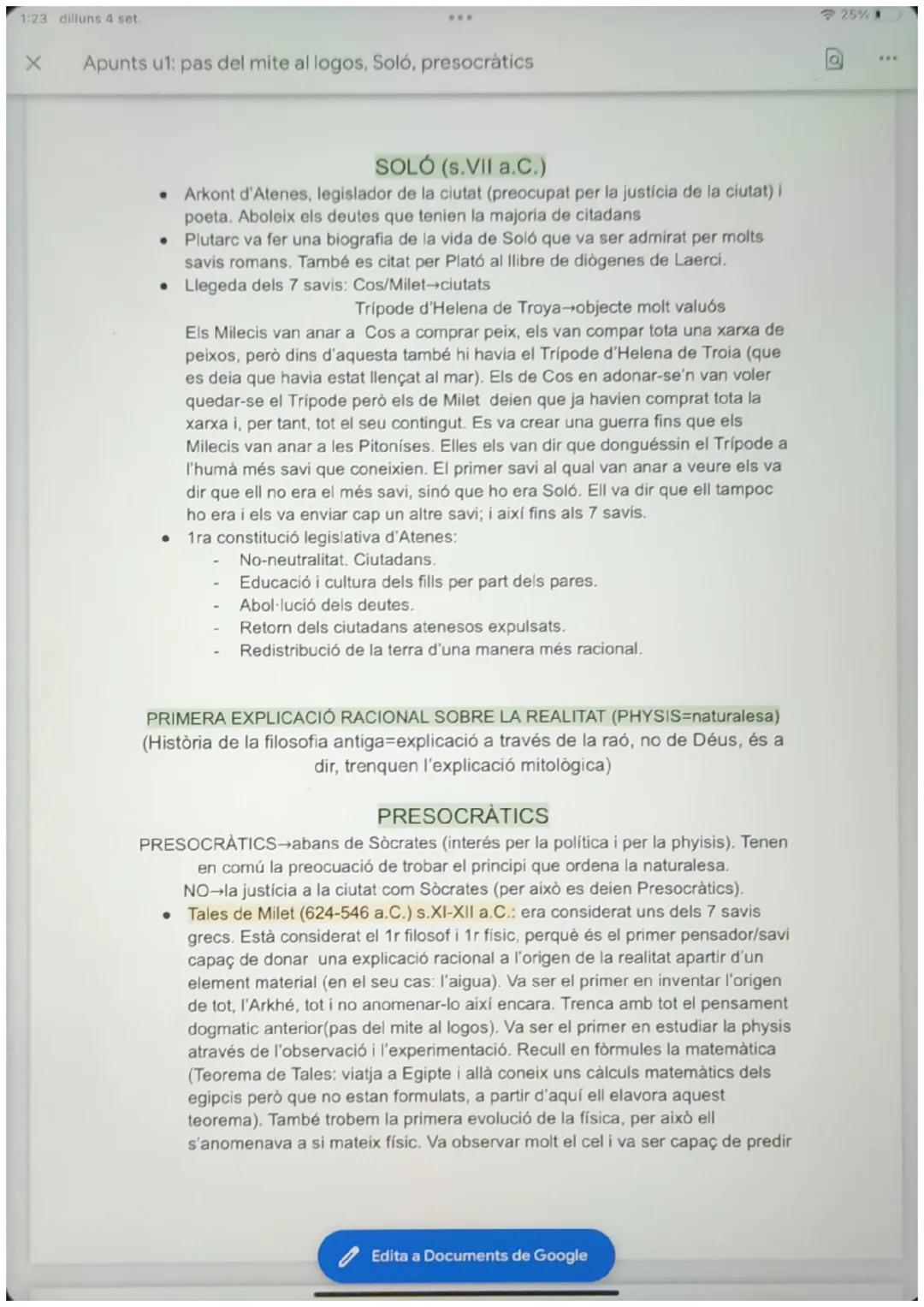 1:23 dilluns 4 set.
X Apunts u1: pas del mite al logos, Soló, presocràtics
DEFINICIONS
-Arkhé: concepte que designa el 1r principi de la phy