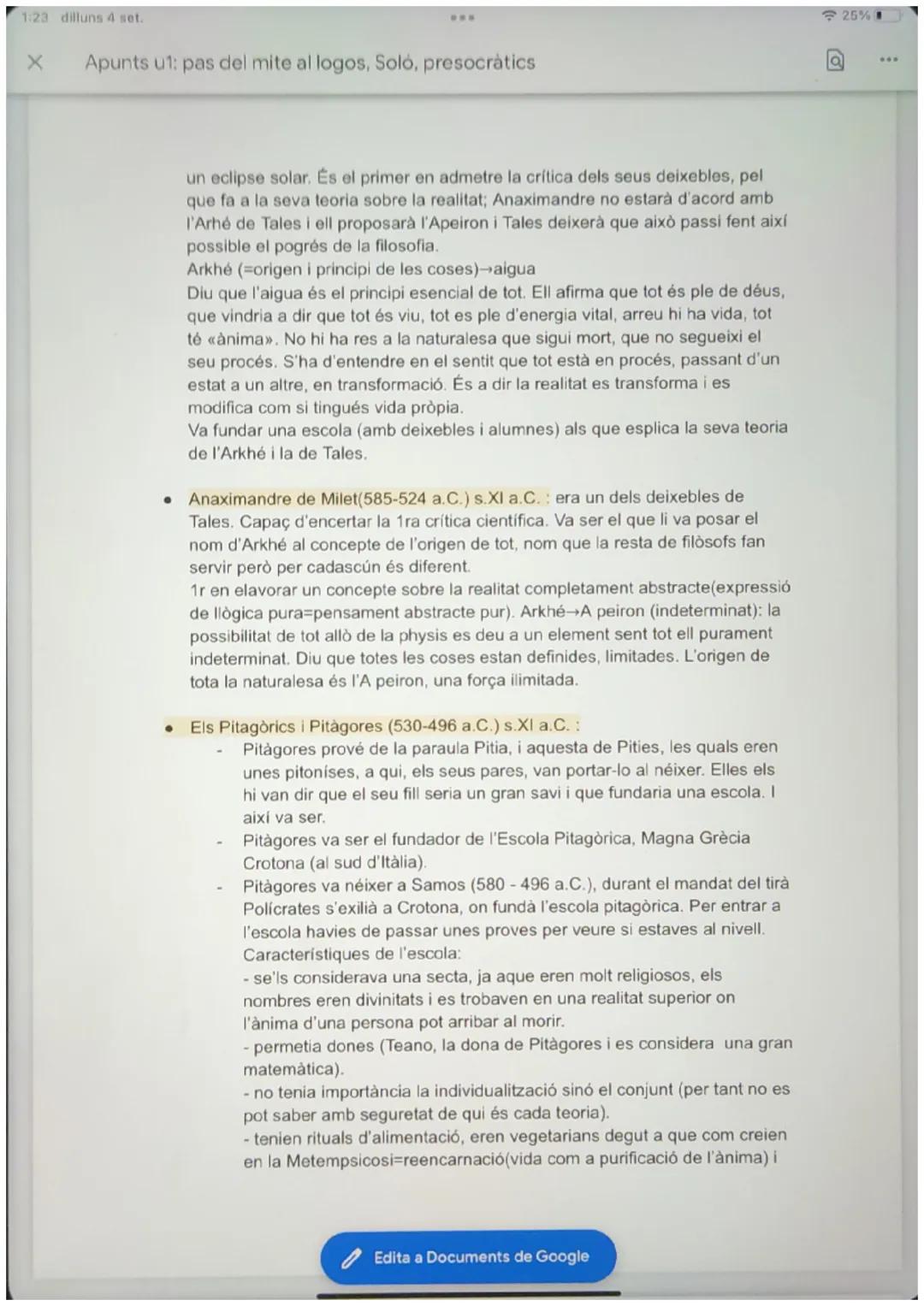 1:23 dilluns 4 set.
X Apunts u1: pas del mite al logos, Soló, presocràtics
DEFINICIONS
-Arkhé: concepte que designa el 1r principi de la phy