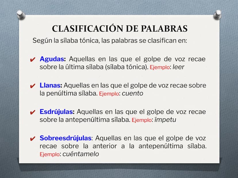 ACENTUACIÓN
LENGUA CASTELLANA CLASIFICACIÓN DE PALABRAS
Según la sílaba tónica, las palabras se clasifican en:
✔ Agudas: Aquellas en las que