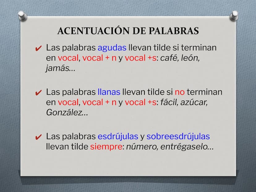 ACENTUACIÓN
LENGUA CASTELLANA CLASIFICACIÓN DE PALABRAS
Según la sílaba tónica, las palabras se clasifican en:
✔ Agudas: Aquellas en las que
