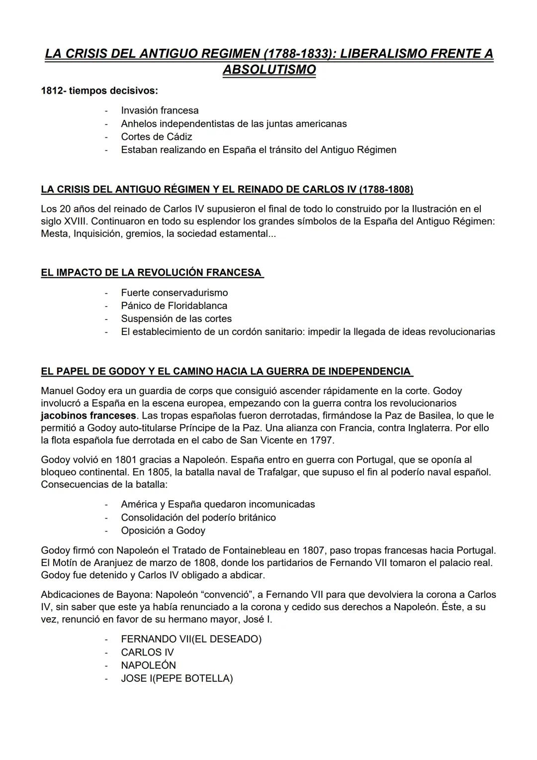 LA CRISIS DEL ANTIGUO REGIMEN (1788-1833): LIBERALISMO FRENTE A
1812- tiempos decisivos:
Invasión francesa
ABSOLUTISMO
Anhelos independentis