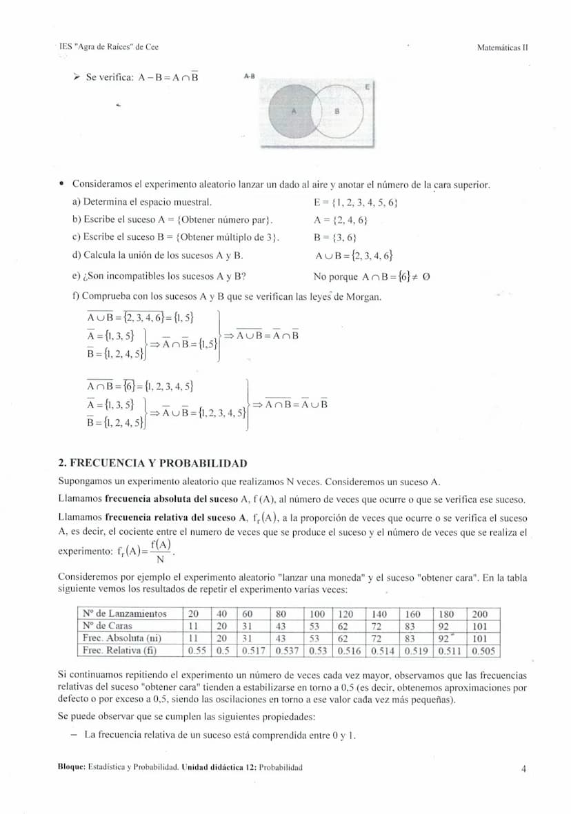 IES "Agra de Raíces" de Cee
200
UNIDAD DIDÁCTICA 12: PROBABILIDAD
1. EXPERIMENTOS ALEATORIOS. SUCESOS..
2. FRECUENCIA Y PROBABILIDAD...
3. R