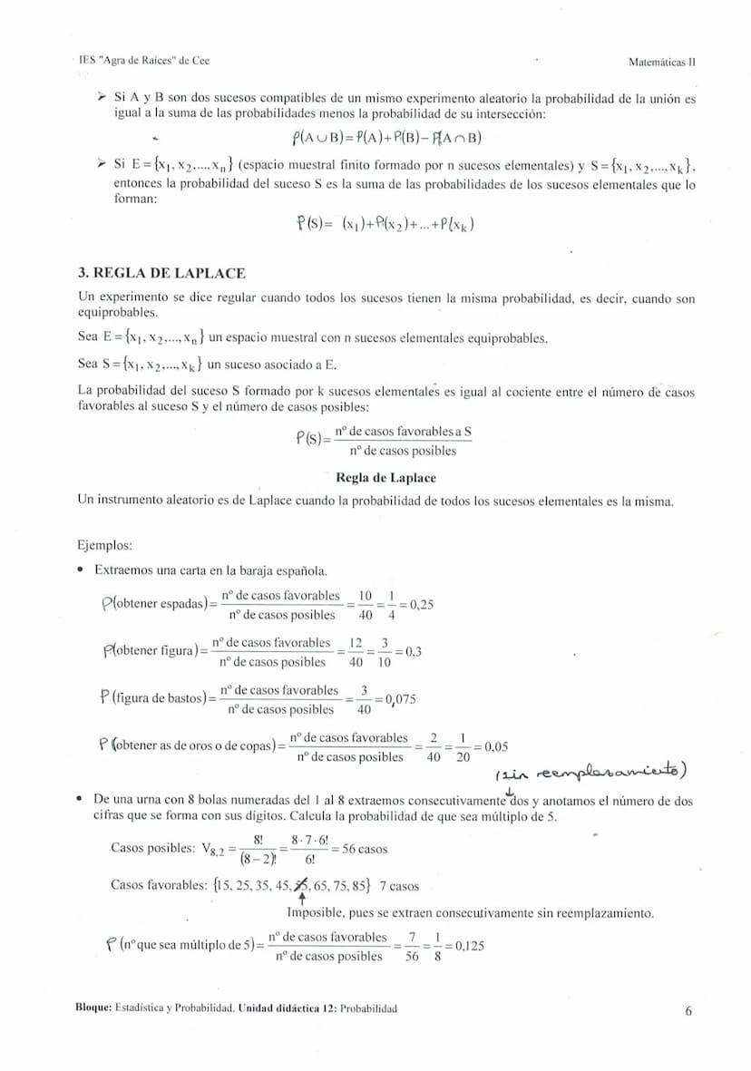IES "Agra de Raíces" de Cee
200
UNIDAD DIDÁCTICA 12: PROBABILIDAD
1. EXPERIMENTOS ALEATORIOS. SUCESOS..
2. FRECUENCIA Y PROBABILIDAD...
3. R
