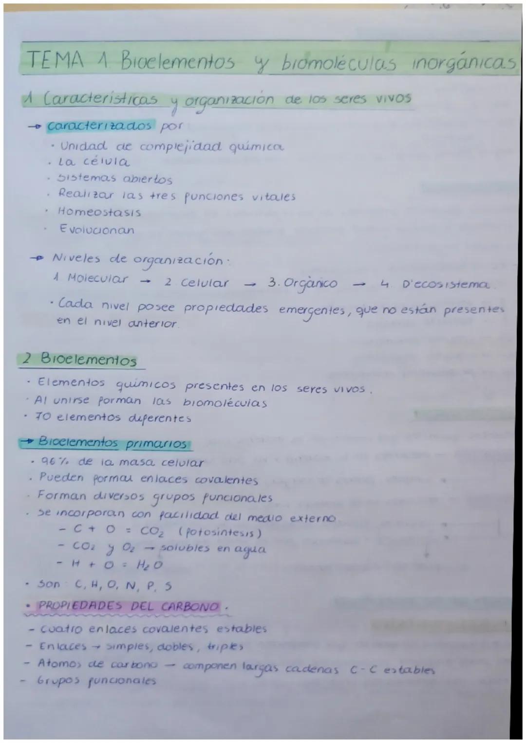 # TEMA 1 Bioelementos y biomoléculas inorgánicas

A Caracteristicas y organización de los seres vivos

→caracterizados por

• Unidad de comp