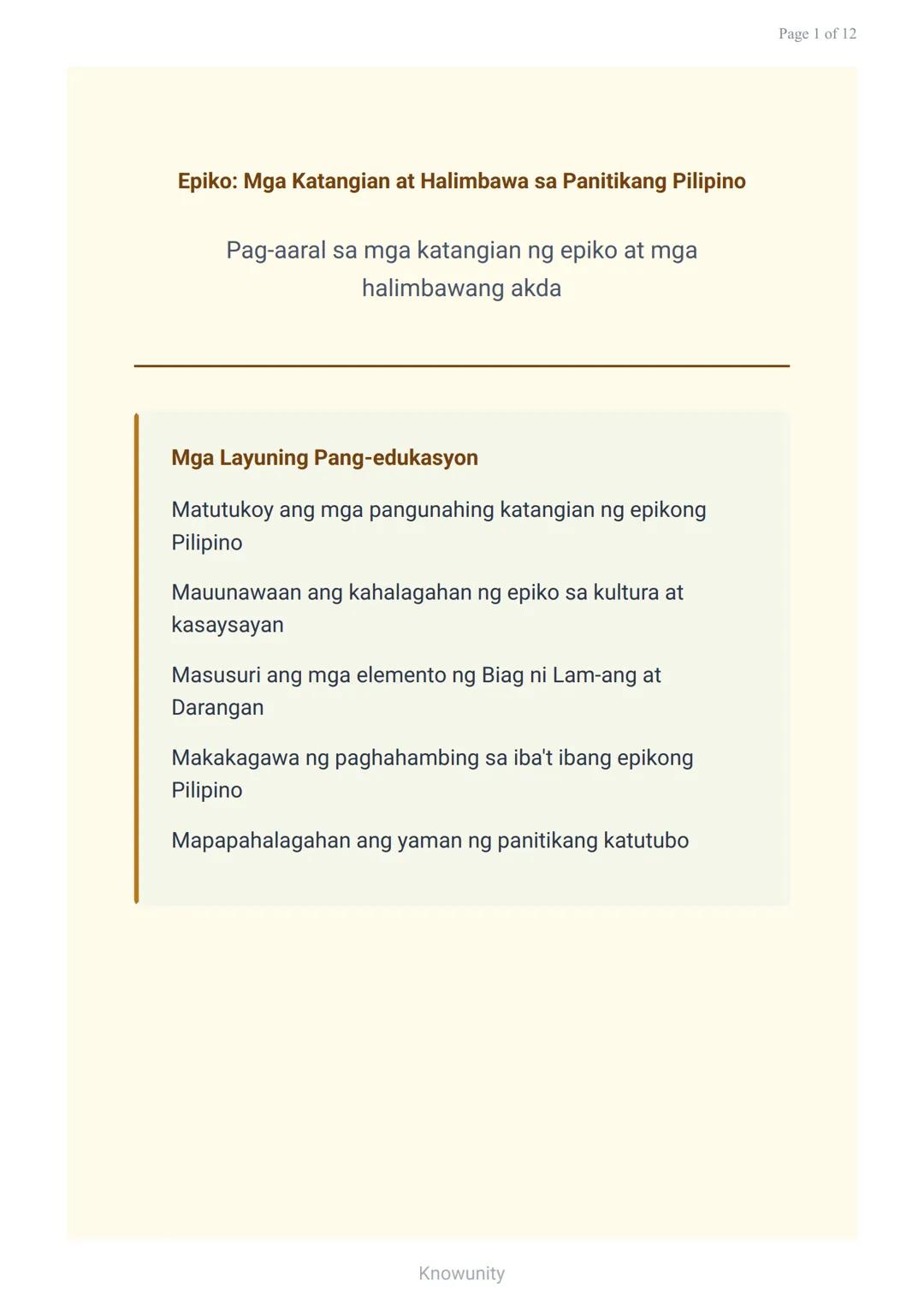 # Epiko: Mga Katangian at Halimbawa sa Panitikang Pilipino

Pag-aaral sa mga katangian ng epiko at mga halimbawang akda

## Mga Layuning Pan