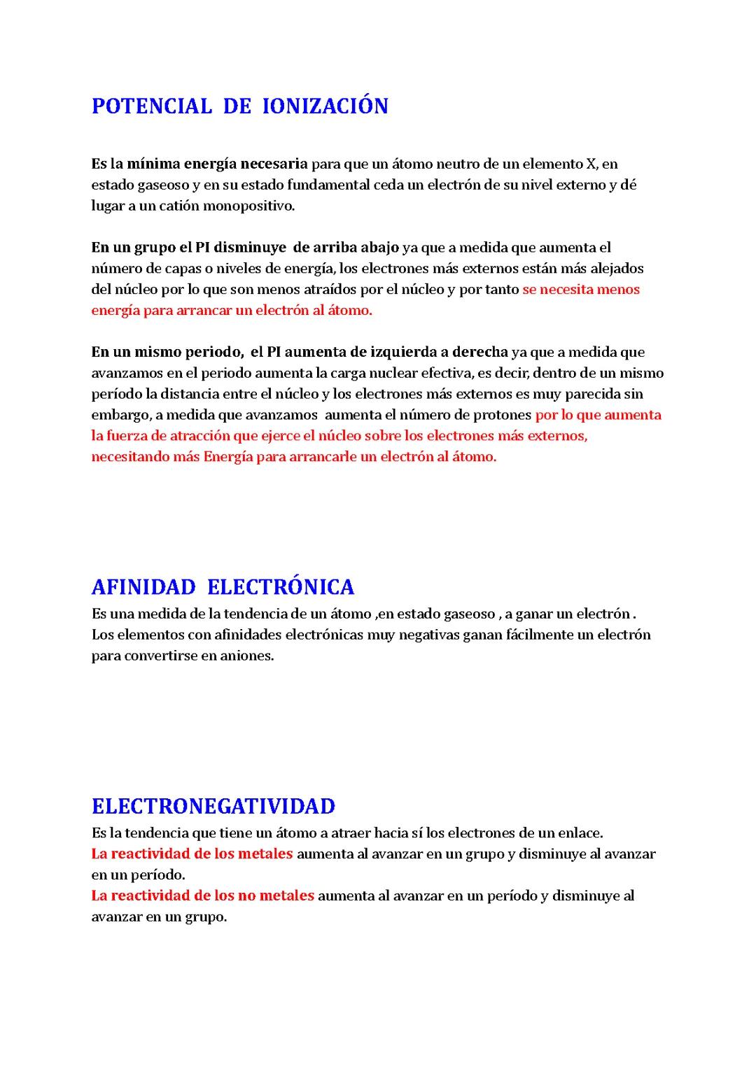 Potencial de ionización, afinidad electrónica y electronegatividad.