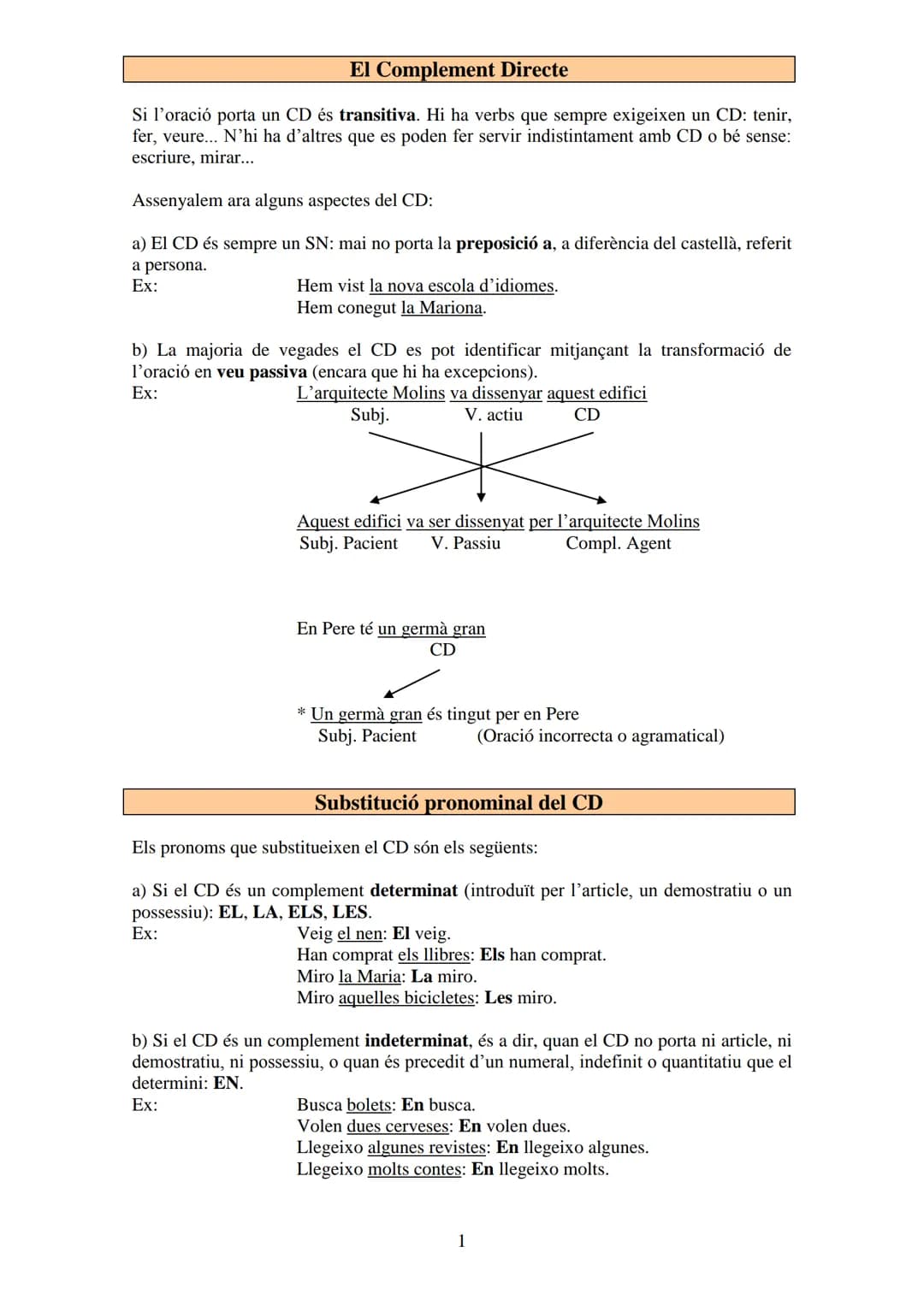 
<p>Un complement directe és transitiva si l'oració conté un CD. Hi ha verbs que sempre exigeixen un CD, com ara tenir, fer, veure, entre al