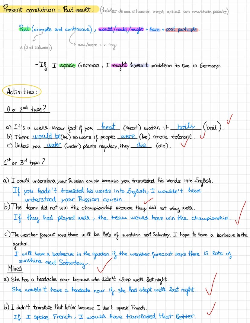 CONDITIONALS:
0 If + present simple + present simple (HABITS) (evidencia).
- If I work too much, I get tired.
1→ If + present simple + will 