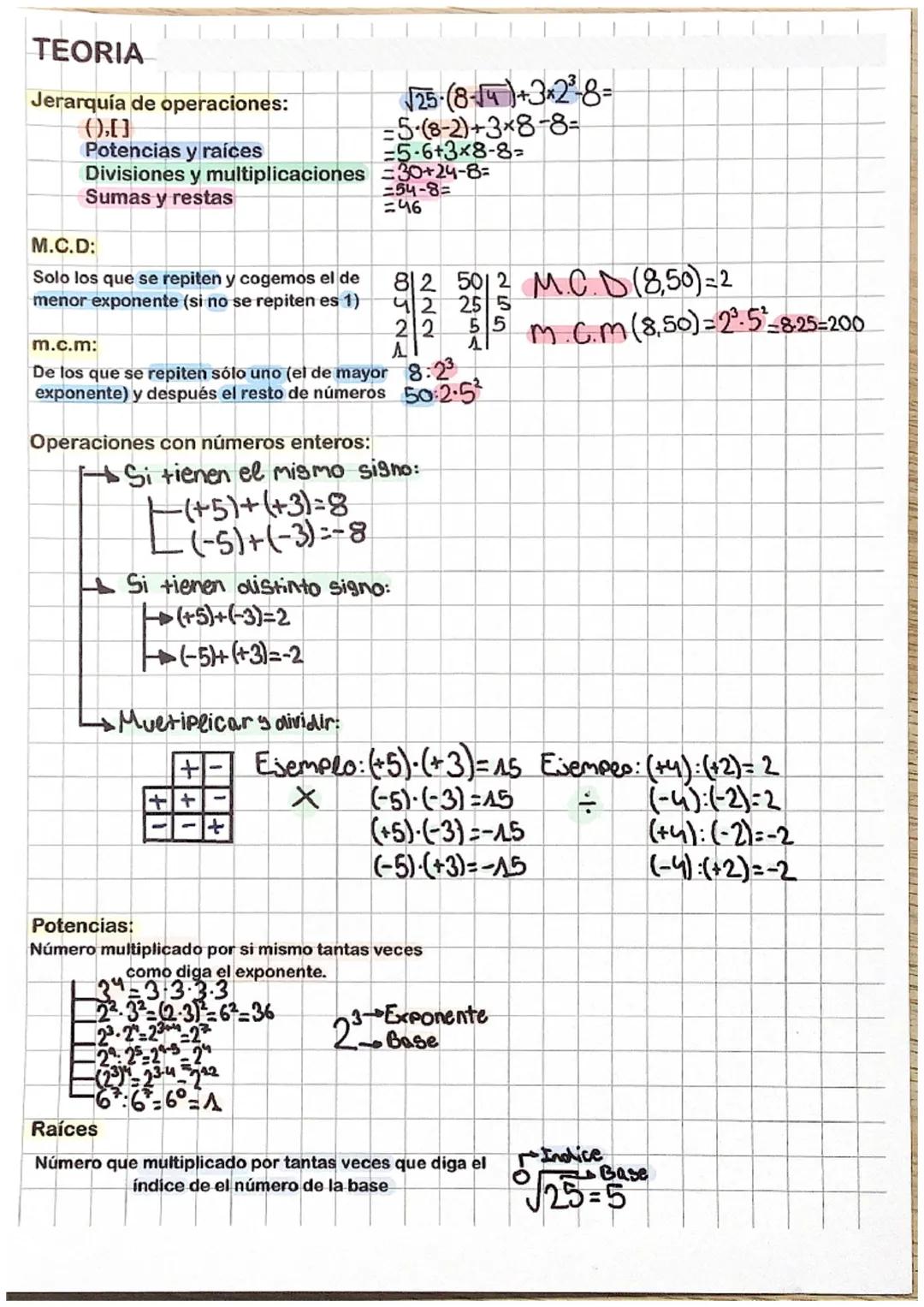 # TEORIA

Jerarquía de operaciones:

(),[]

Potencias y raíces

Divisiones y multiplicaciones

Sumas y restas

$\sqrt{25}$-(8-14)+3x23-8=

=