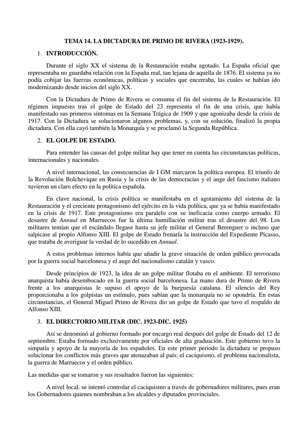 TEMA 14. LA DICTADURA DE PRIMO DE RIVERA (1923-1929).
1. INTRODUCCIÓN.
Durante el siglo XX el sistema de la Restauración estaba agotado. La 