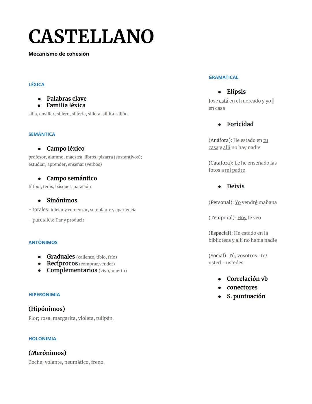 CASTELLANO
Mecanismo de cohesión
LÉXICA
• Palabras clave
● Familia léxica
silla, ensillar, sillero, sillería, silleta, sillita, sillón
SEMÁN