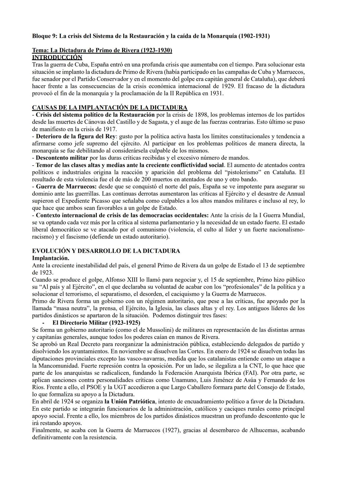 # Bloque 9: La crisis del Sistema de la Restauración y la caída de la Monarquía (1902-1931)

## Tema: La Dictadura de Primo de Rivera (1923-
