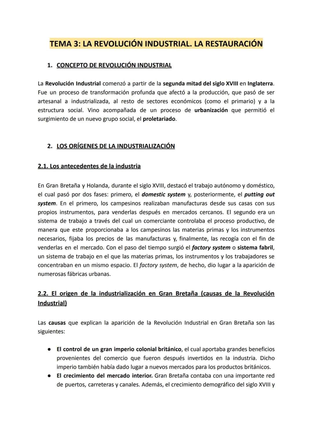 TEMA 3: LA REVOLUCIÓN INDUSTRIAL. LA RESTAURACIÓN
1. CONCEPTO DE REVOLUCIÓN INDUSTRIAL
La Revolución Industrial comenzó a partir de la segun