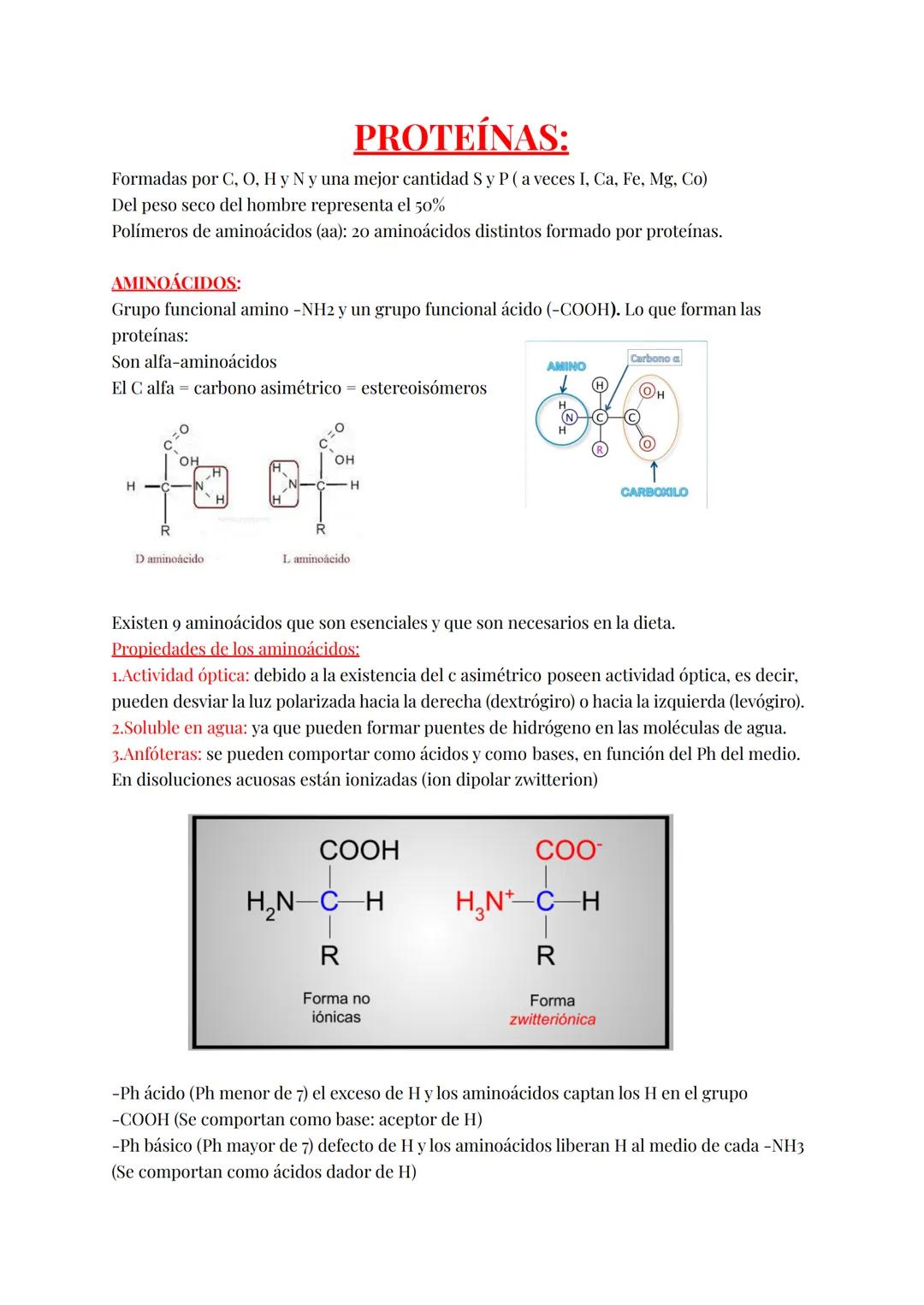 PROTEÍNAS:
Formadas por C, O, H y N y una mejor cantidad S y P (a veces I, Ca, Fe, Mg, Co)
Del peso seco del hombre representa el 50%
Políme