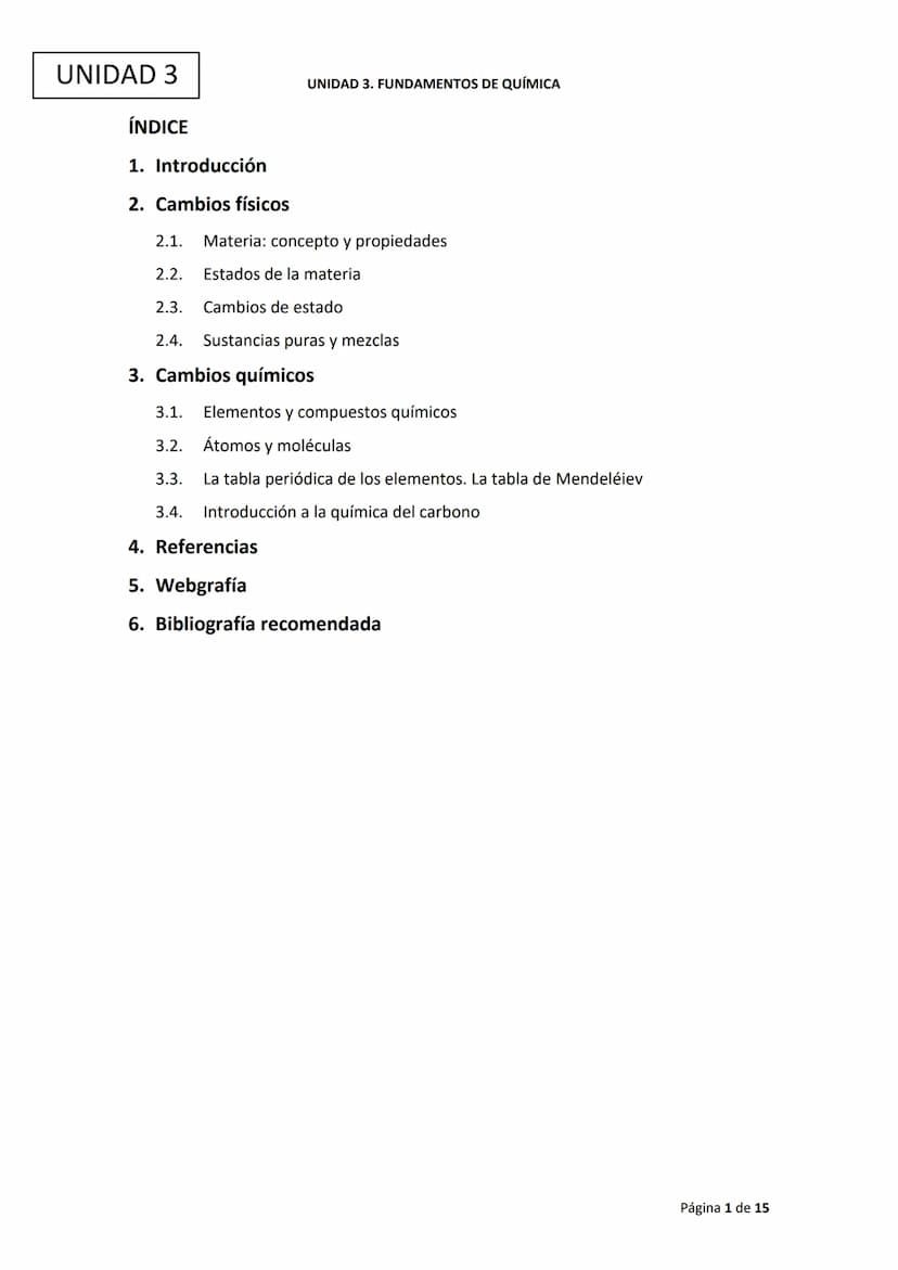 Ciencias
Experimentales
UNIDAD 3. FUNDAMENTOS DE QUÍMICA UNIDAD 3
ÍNDICE
1. Introducción
2. Cambios físicos
UNIDAD 3. FUNDAMENTOS DE QUÍMICA
